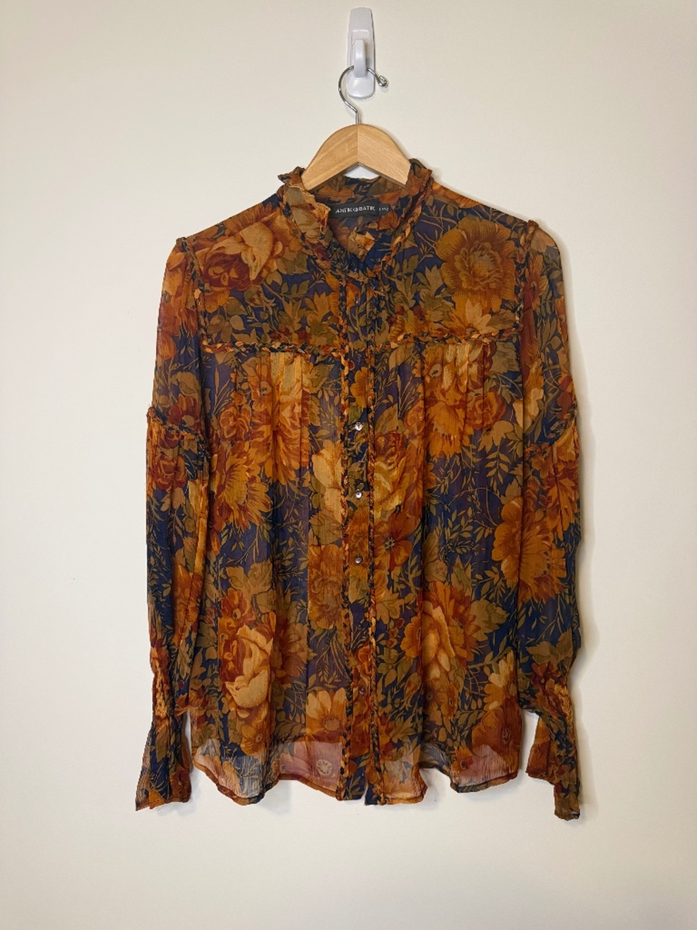Antik Batik Floral Ruffle Sheer Button-Front Blouse,-Size L/42